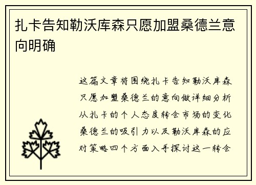 扎卡告知勒沃库森只愿加盟桑德兰意向明确
